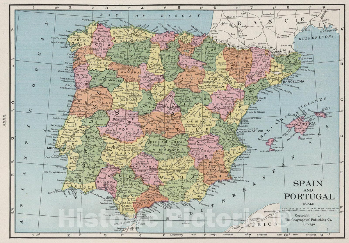 Historic Map : Spain and Portugal., 1925, Vintage Wall Art