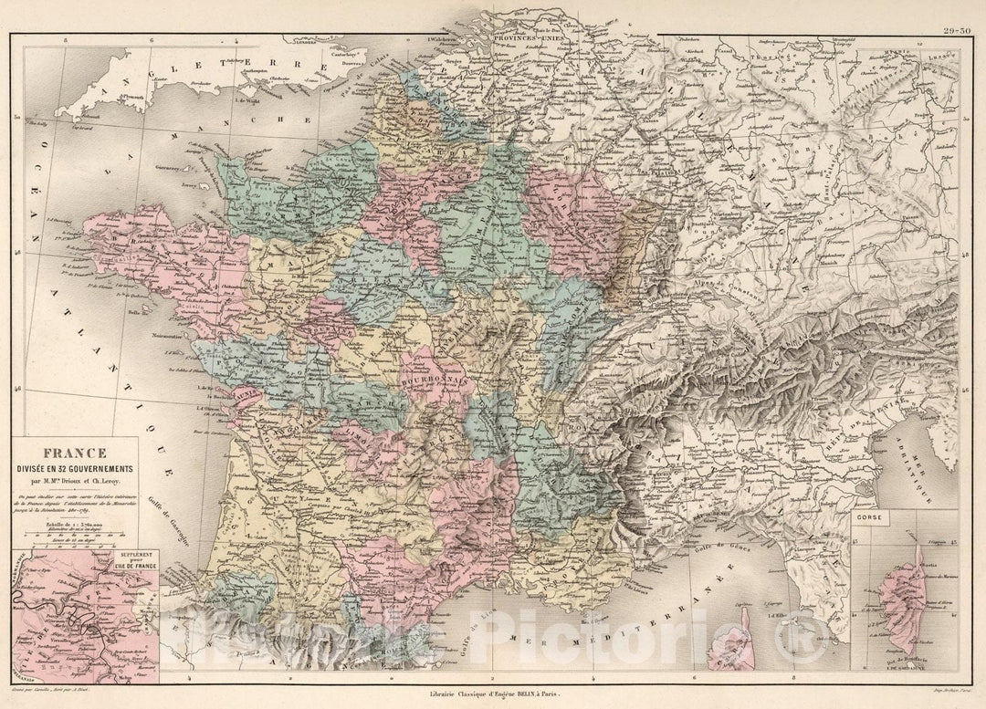 Historic Map : France : divisee en thirty-two gouvernments, 1886, Vintage Wall Art