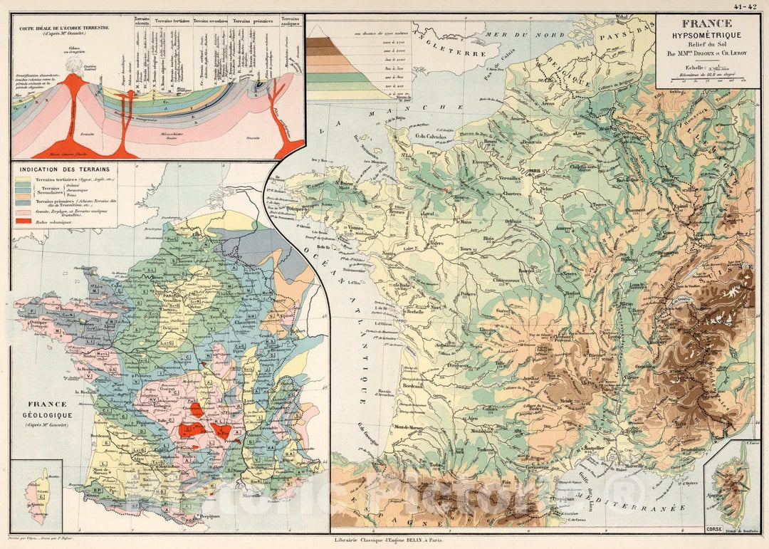 Historic Map : France : Hypsometrique : Relief du sol, 1886, Vintage Wall Art