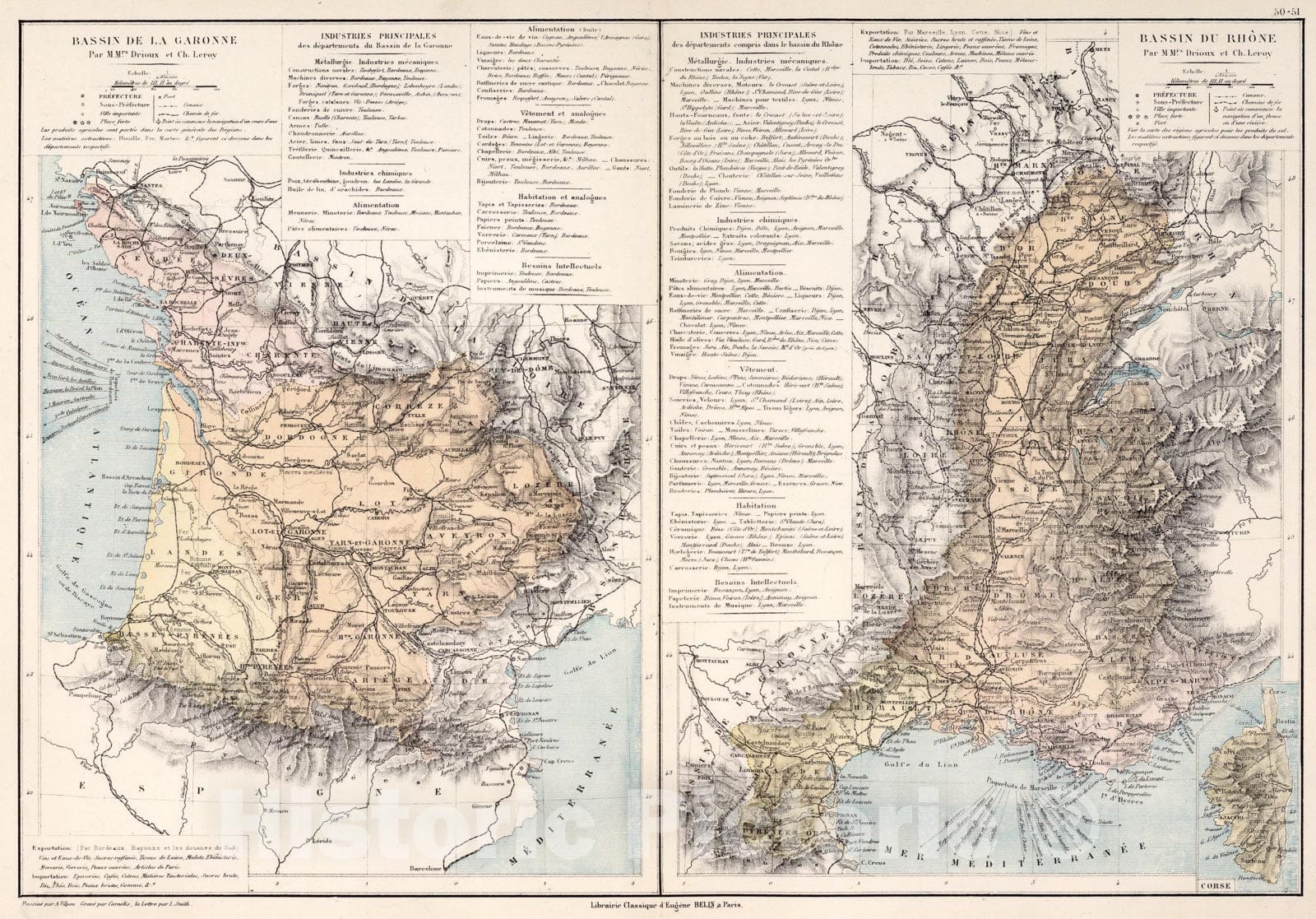 Historic Map : Bassin de la Garonne. Bassin de la Rhone, 1886, Vintage Wall Art