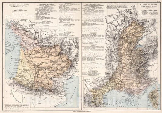 Historic Map : Bassin de la Garonne. Bassin de la Rhone, 1886, Vintage Wall Art