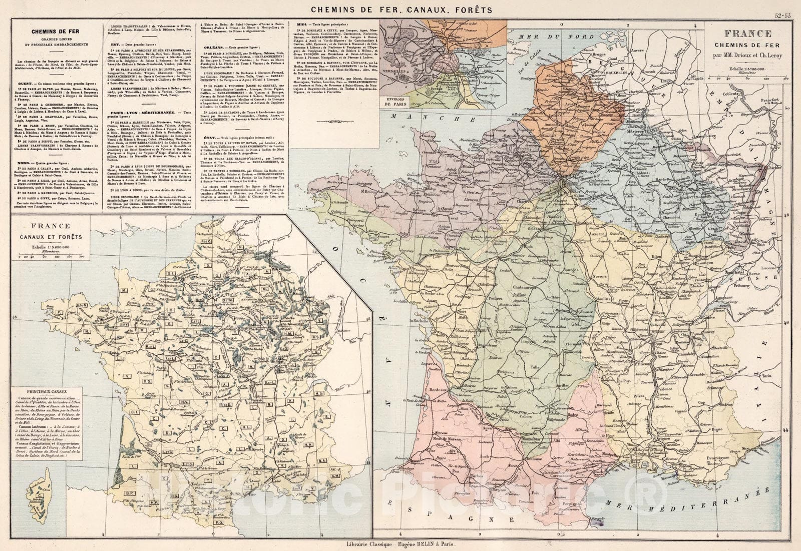Historic Map : Chemins de fer. Canaux. Forets, 1886, Vintage Wall Art