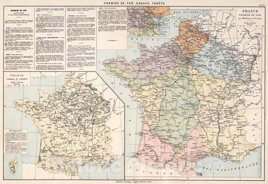 Historic Map : Chemins de fer. Canaux. Forets, 1886, Vintage Wall Art