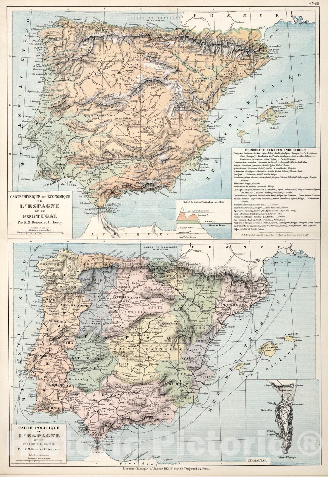Historic Map : Carte physique et economique politique de l'Espagne et du Portugal, 1886, Vintage Wall Art