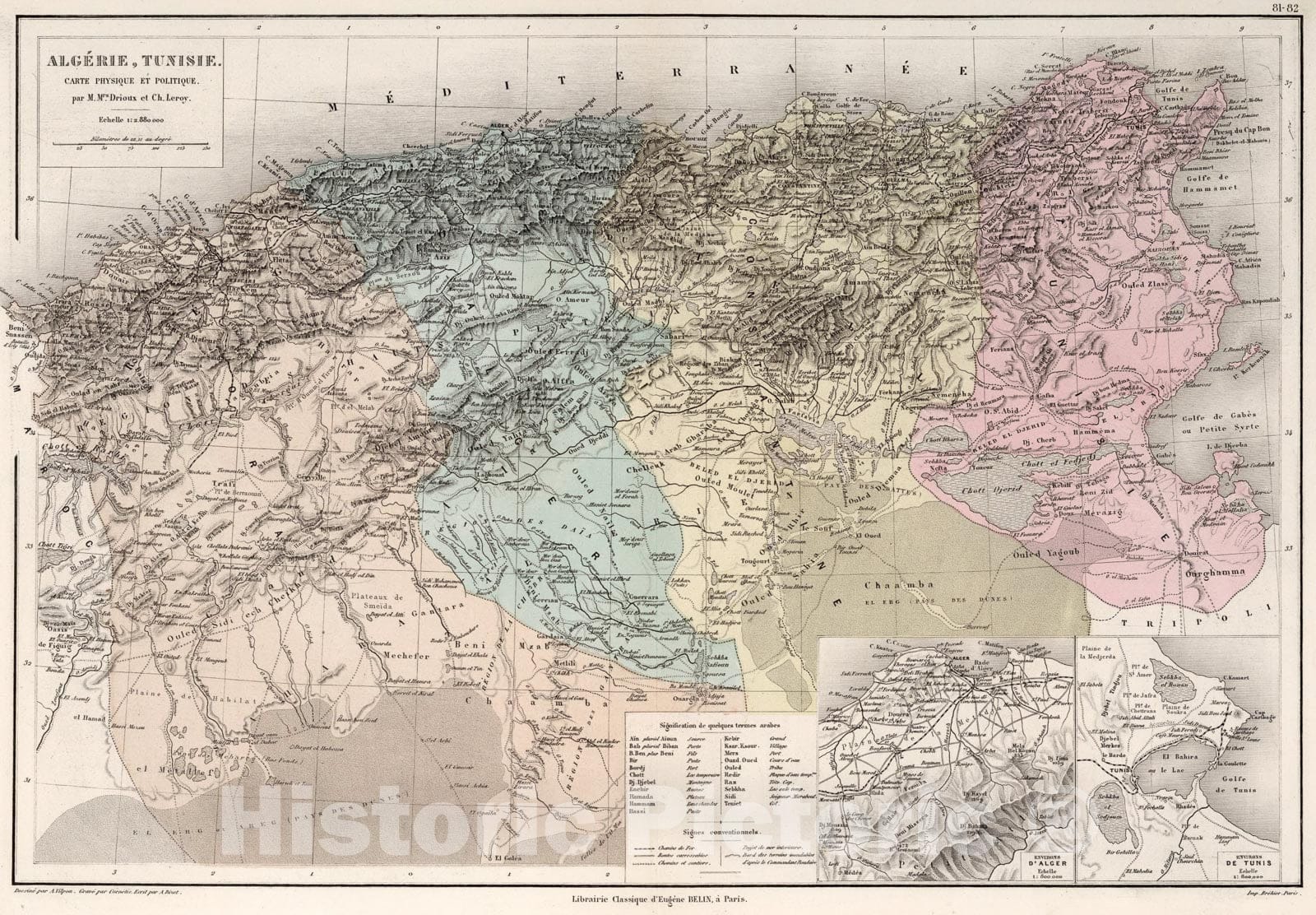 Historic Map : Algerie, Tumisie. Carte physique et politique, 1886, Vintage Wall Art
