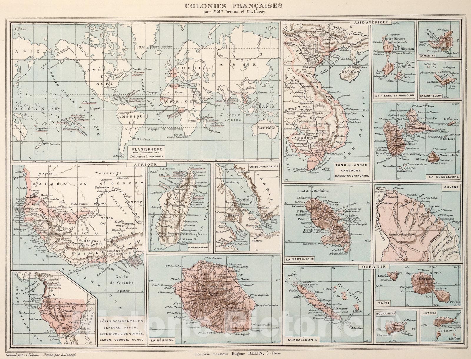 Historic Map : Colonies Francaises, 1886, Vintage Wall Art
