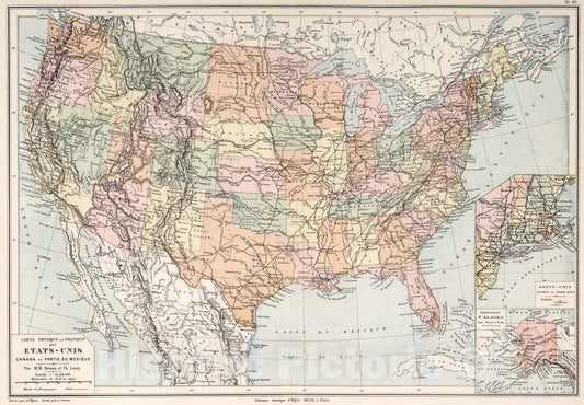 Historic Map : Carte physique et politique des Etats - Unis : Canada et partie du Mexice, 1886, Vintage Wall Art