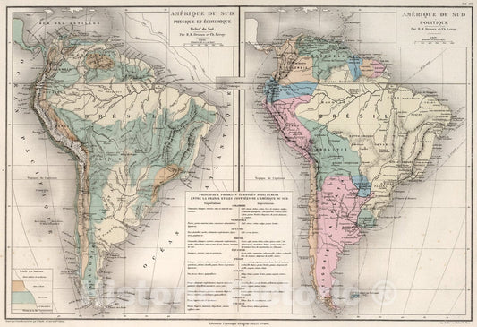 Historic Map : Amerique du Sud : Physique et economique. Amerique du Sud : Politique, 1886, Vintage Wall Art