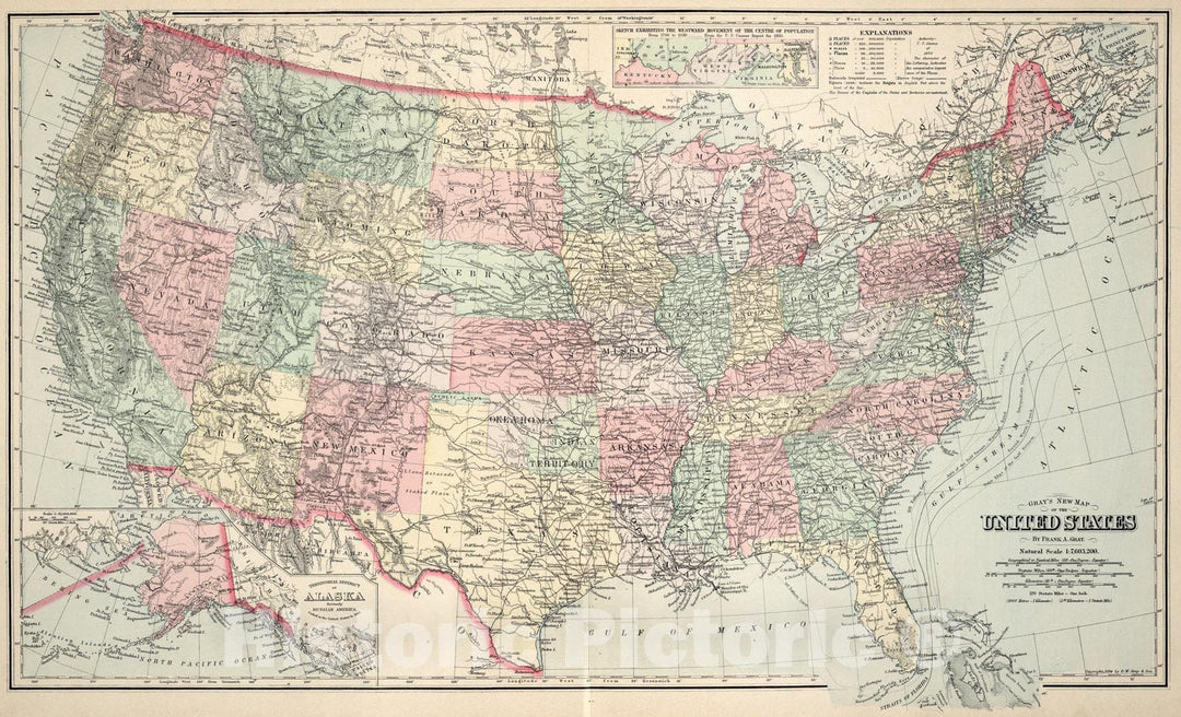 Historic Map : Gray's New Map of the United States., 1894, Vintage Wall Art