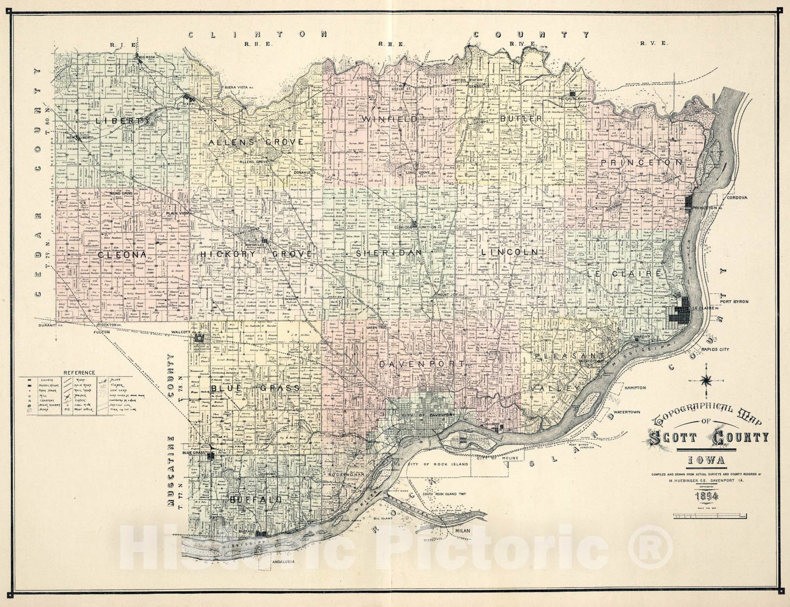 Historic Map : Topographical Map of Scott County, Iowa ... 1894., 1894, Vintage Wall Art