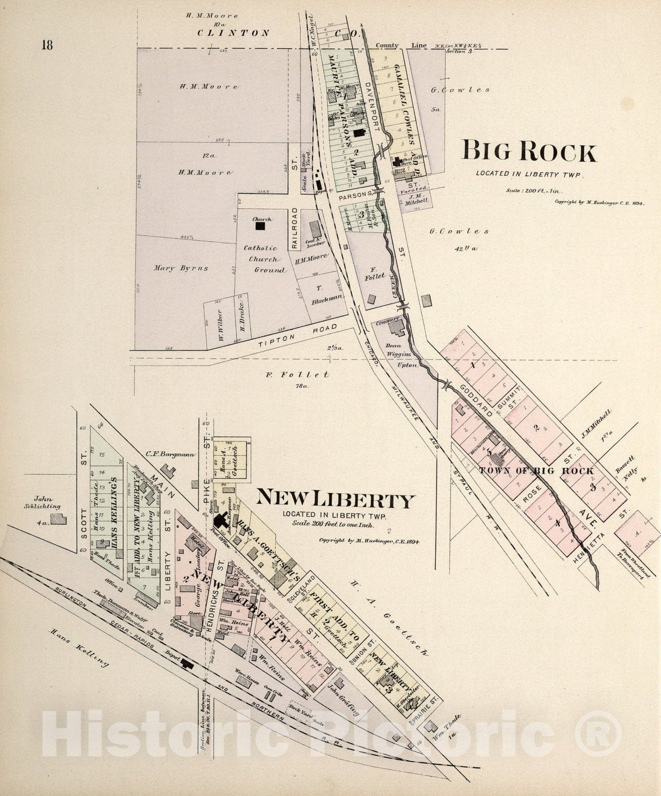 Historic Map : Big Rock. New Liberty, Iowa., 1894, Vintage Wall Art