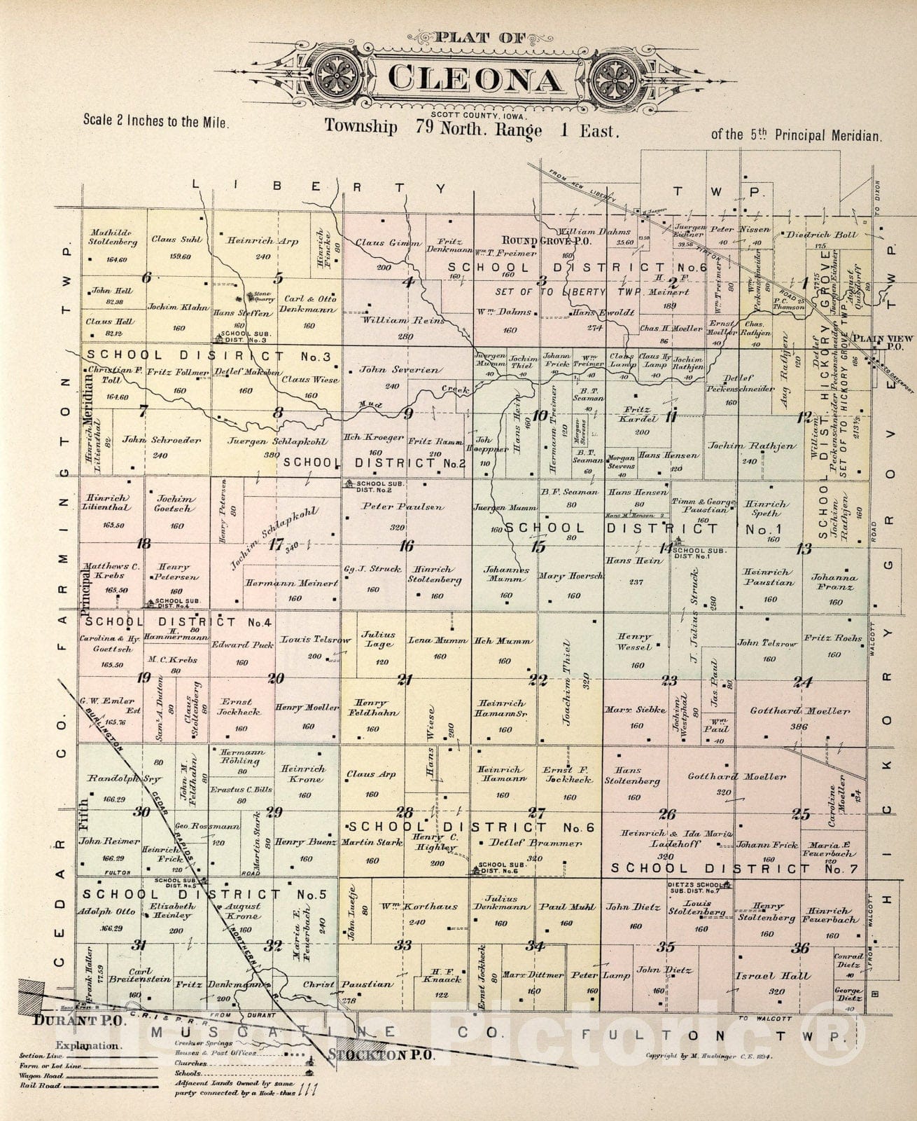 Historic Map : Plat of Cleona Township, Scott County, Iowa., 1894, Vintage Wall Art