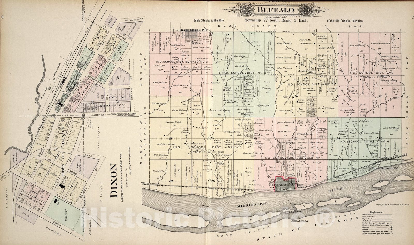 Historic Map : Plat of Buffalo Township, Scott County, Iowa. Dixon., 1894, Vintage Wall Art
