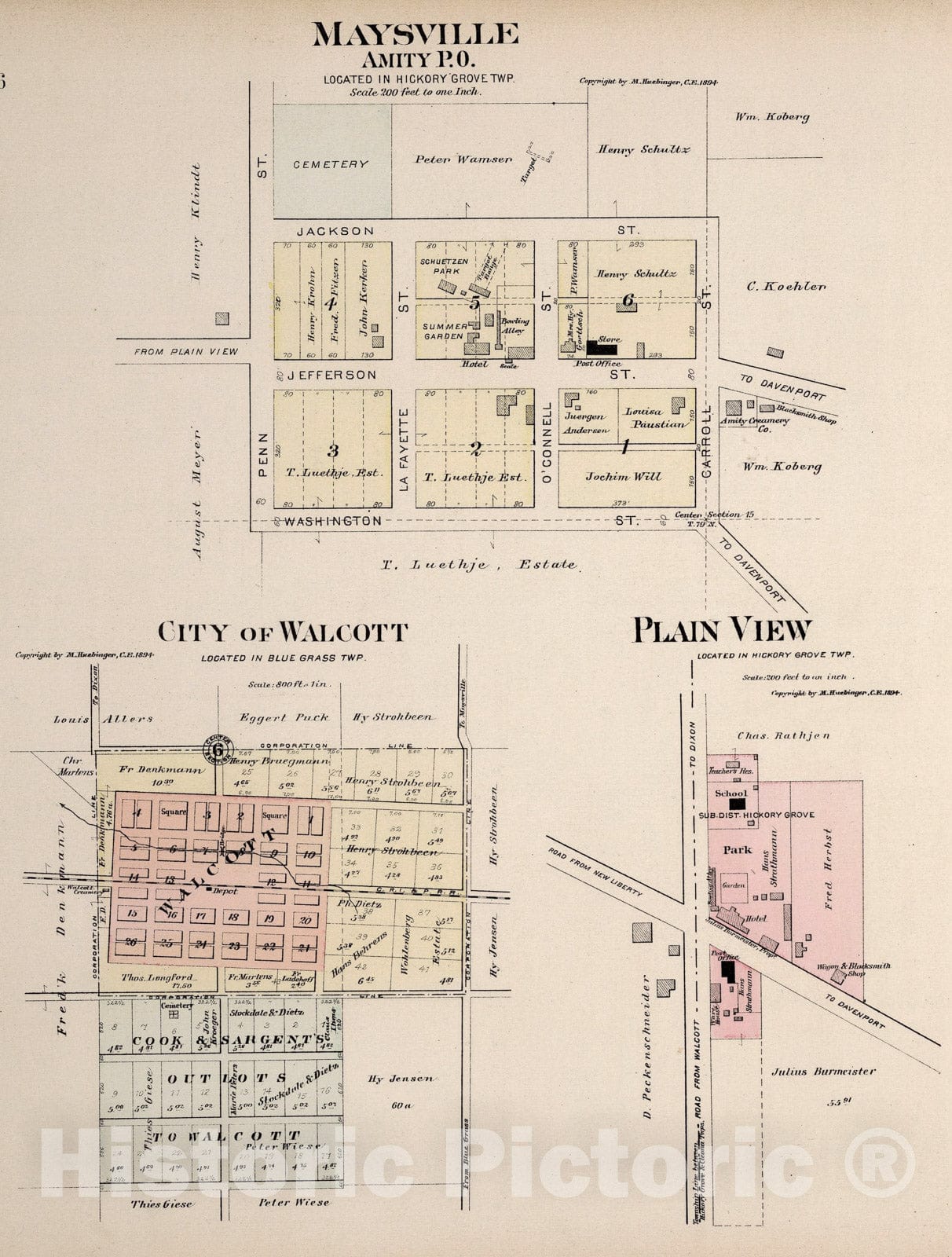 Historic Map : Maysville. City of Walcott. Plain View, Iowa., 1894, Vintage Wall Art