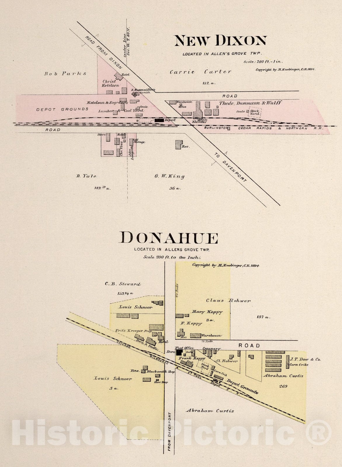 Historic Map : New Dixon. Donahue, Iowa., 1894, Vintage Wall Art