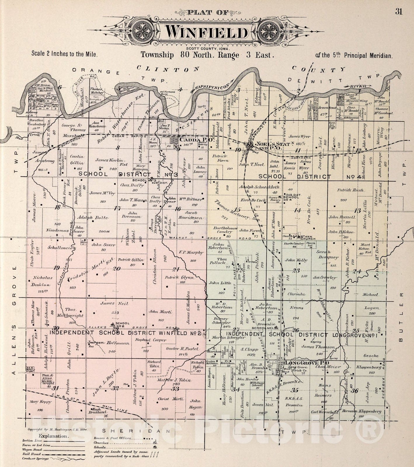 Historic Map : Plat of Winfield Township, Scott County, Iowa., 1894, Vintage Wall Art