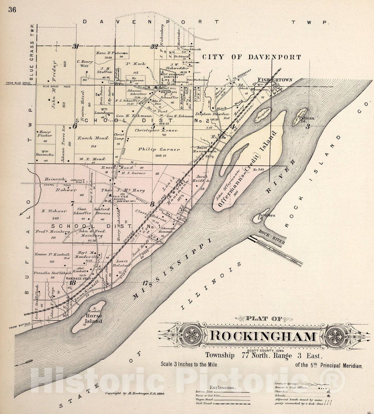 Historic Map : Plat of Rockingham Township, Scott County, Iowa., 1894, Vintage Wall Art