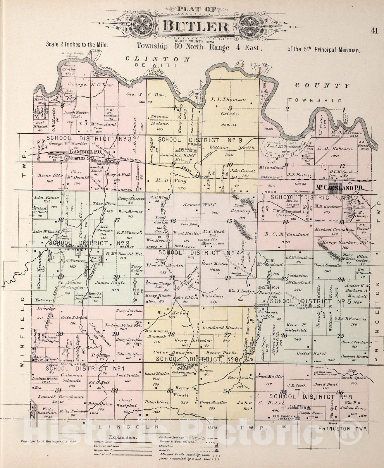 Historic Map : Plat of Butler Township, Scott County, Iowa., 1894, Vintage Wall Art