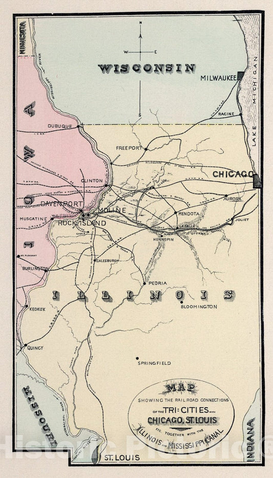 Historic Map : Railroad Connections of the Tri-Cities (Davenport, Moline, Rock Island) with Chicago, St. Louis., 1894, Vintage Wall Art