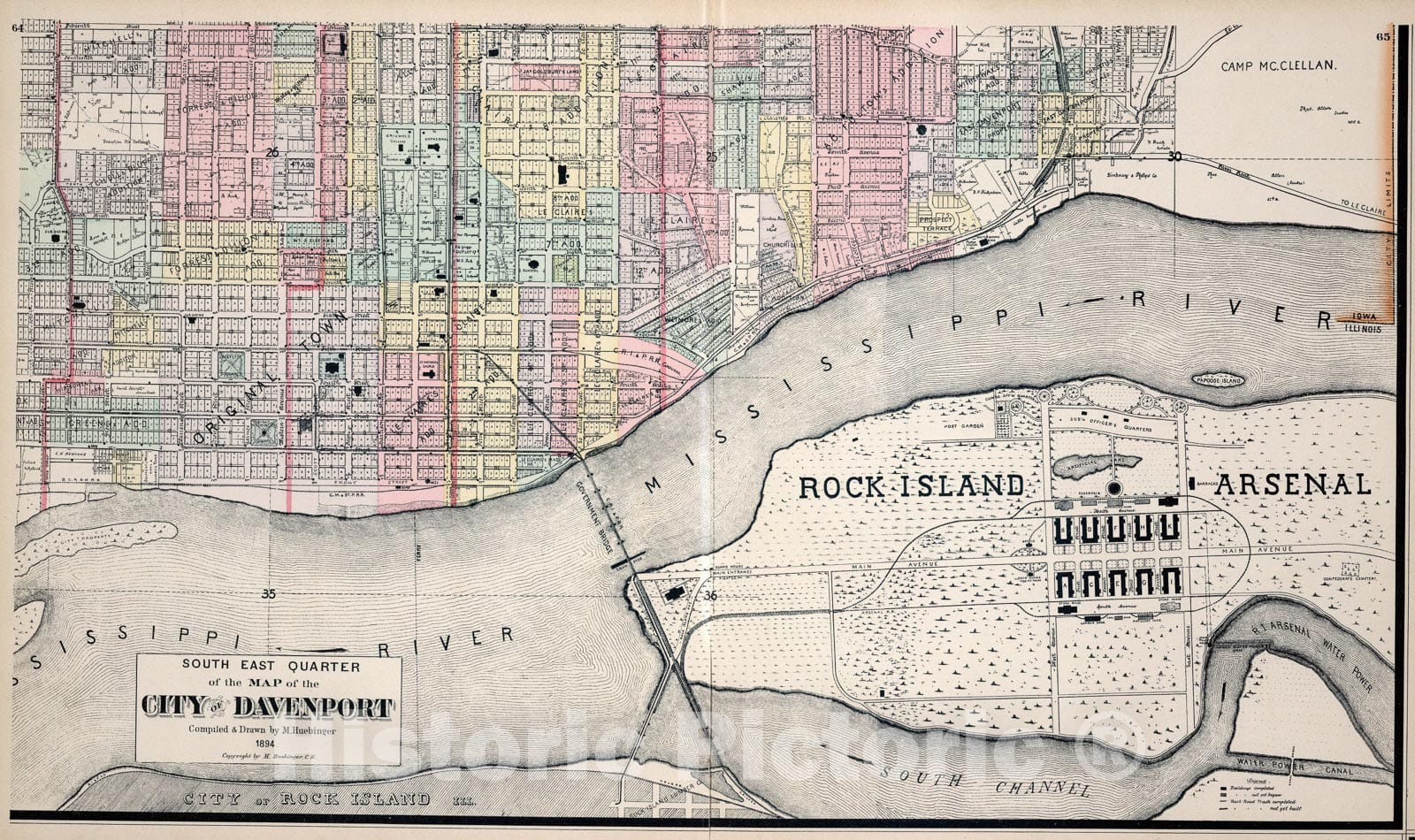 Historic Map : South East Quarter of the Map of the City of Davenport, Iowa., 1894, Vintage Wall Art