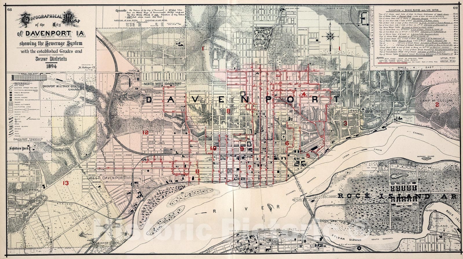 Historic Map : City of Davenport, Iowa, Showing the Sewerage System., 1894, Vintage Wall Art