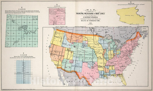 Historic Map : Principal Meridians and Base Lines in the United States. Standard Time., 1893, Vintage Wall Art