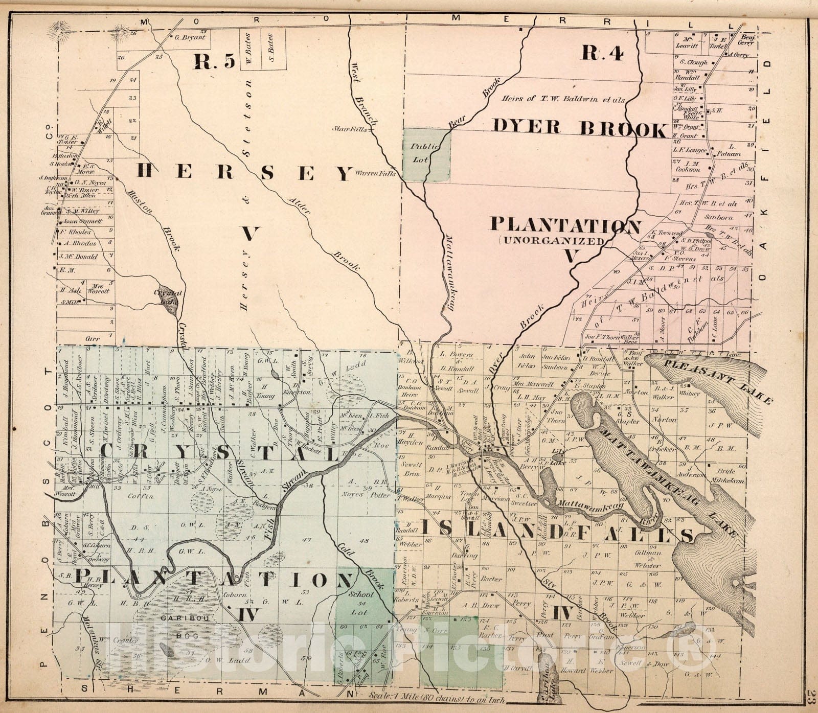 Historic Map : R. five Hersey V. Crystal Plantation IV. R.4 Dyer Brook Plantation, Aroostook County, Maine. Island Falls., 1877, Vintage Wall Art