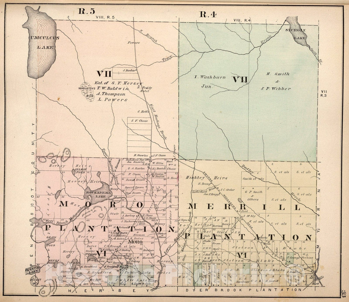 Historic Map : R. five VII. Moro Plantation VI. R.4 VII. Merrill Plantation VI, Aroostook County, Maine., 1877, Vintage Wall Art
