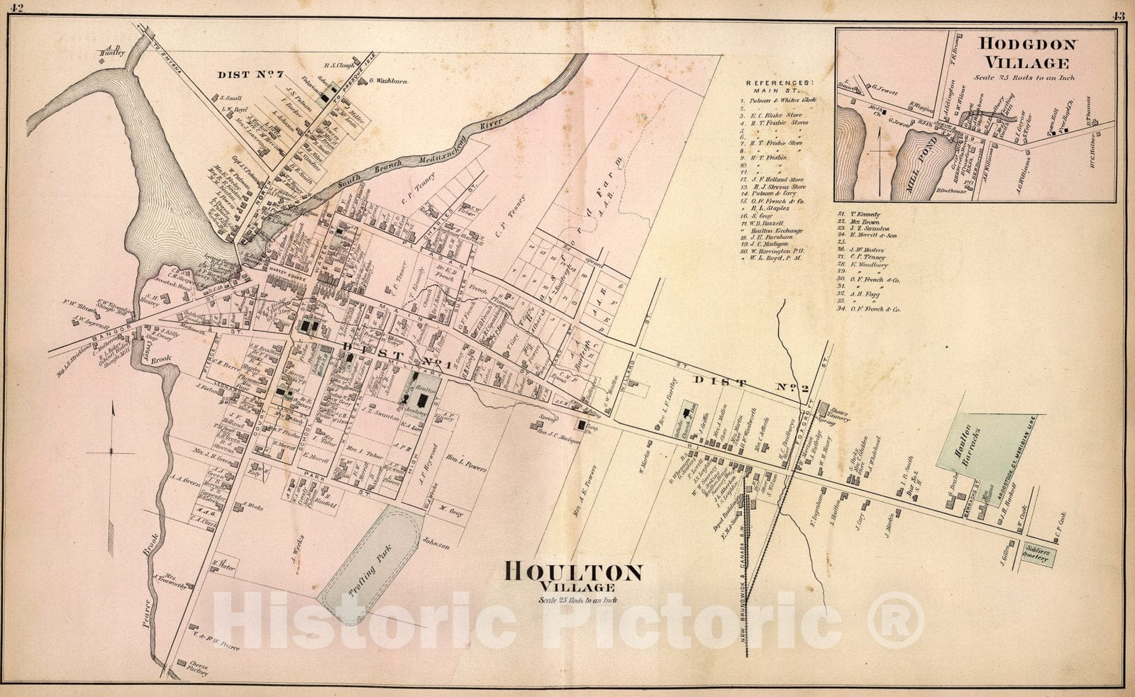 Historic Map : Houlton Village, Maine. Hodgdon Village., 1877, Vintage Wall Art
