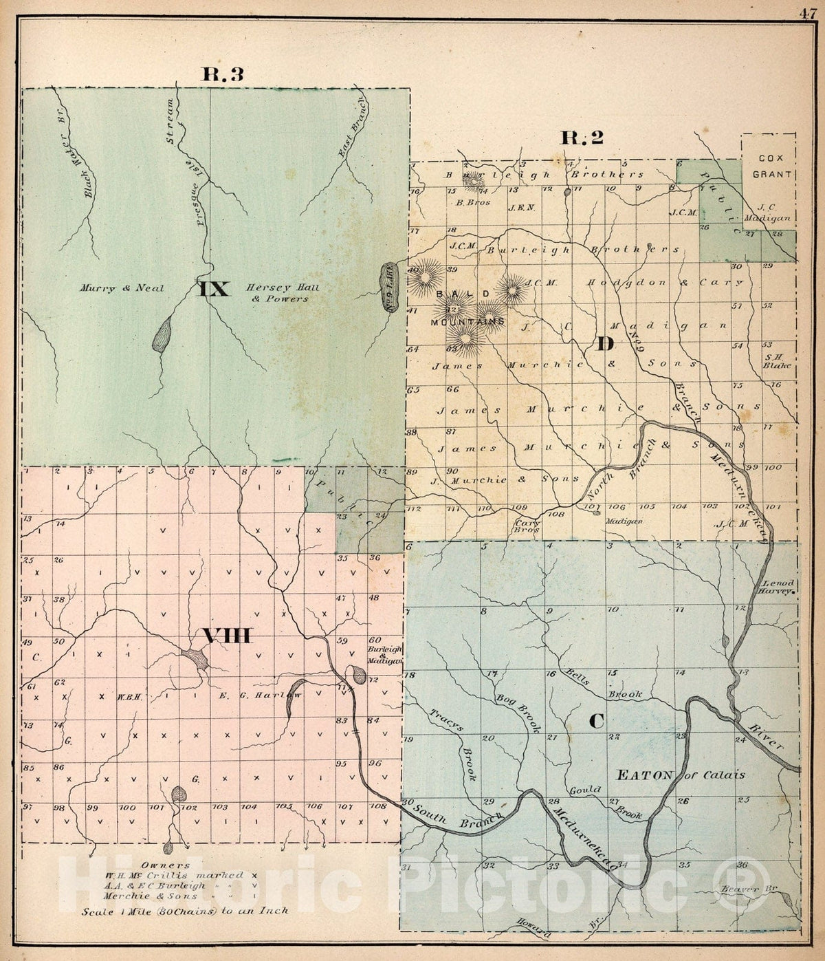 Historic Map : R. three IX VIII. R. two D C, Aroostook County, Maine., 1877, Vintage Wall Art