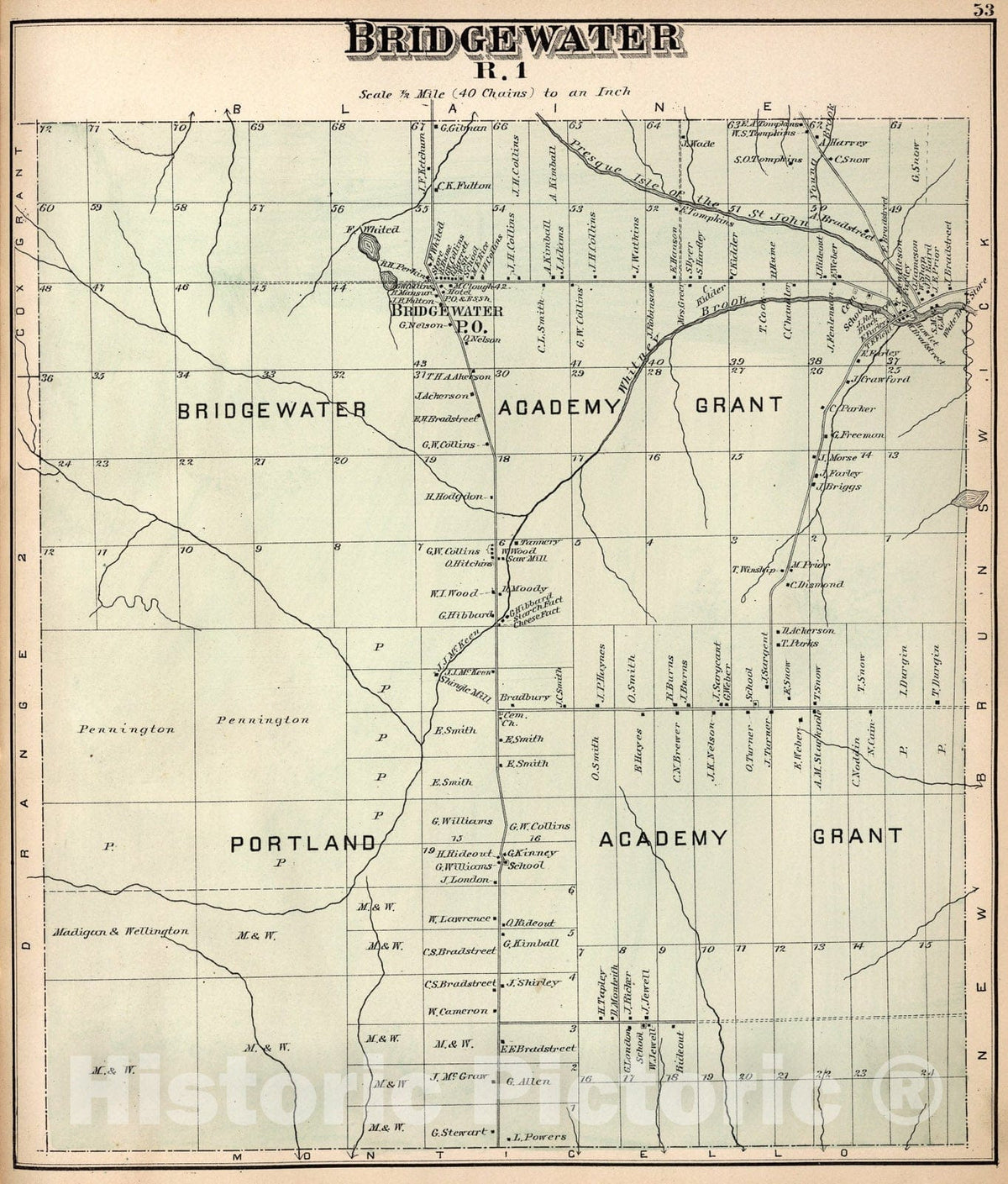 Historic Map : Bridgewater R. 1, Aroostook County, Maine., 1877, Vintage Wall Art