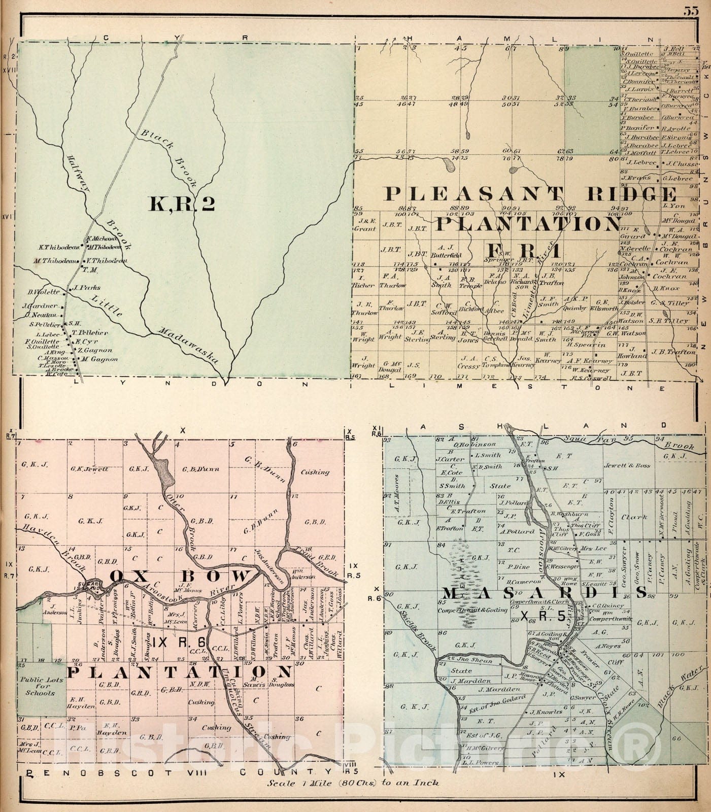 Historic Map : K, R.2. Ox Bow Plantation. Pleasant Ridge Plantation F R. 1. Masardis X R. 5, Aroostook County, Maine., 1877, Vintage Wall Art