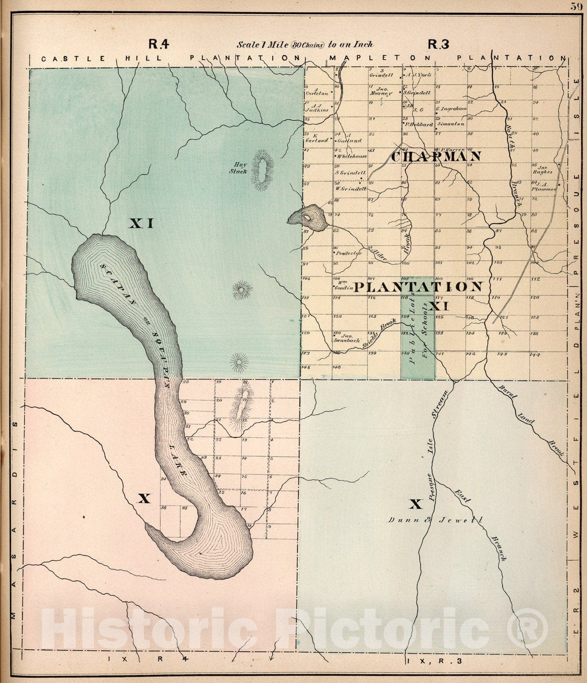 Historic Map : R. four XI X. R. three Chapman Plantation XI X, Aroostook County, Maine., 1877, Vintage Wall Art