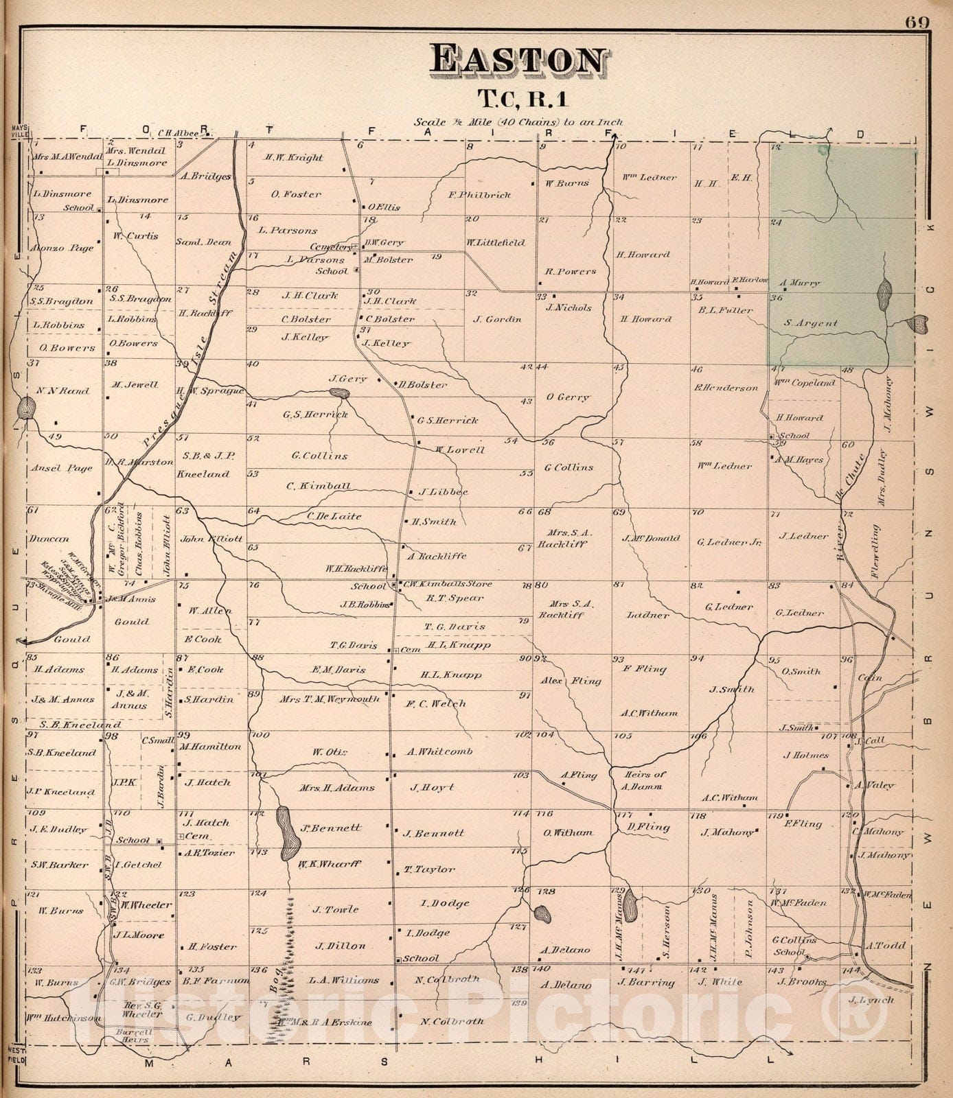 Historic Map : Easton T. C, R. 1, Aroostook County, Maine., 1877, Vintage Wall Art