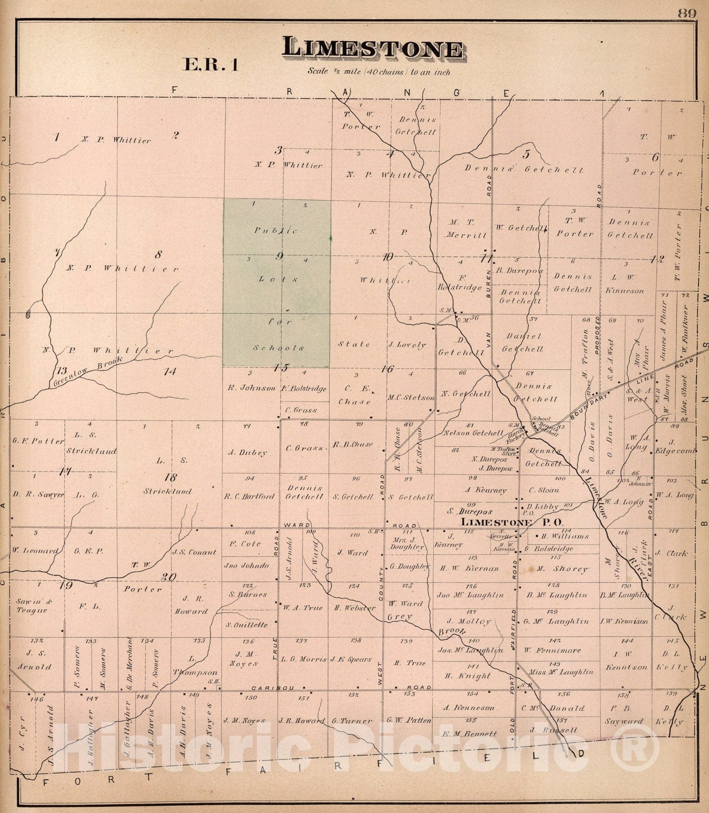 Historic Map : Limestone E, R. 1, Aroostook County, Maine., 1877, Vintage Wall Art