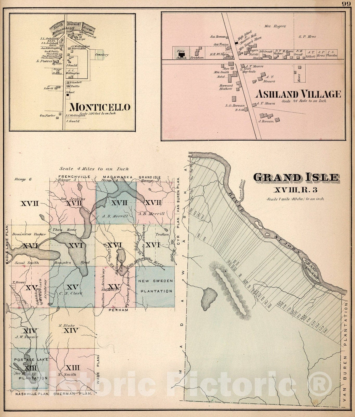 Historic Map : Grand Isle XVIII, R. 3, Aroostook County, Maine. Monticello. Ashland Village., 1877, Vintage Wall Art
