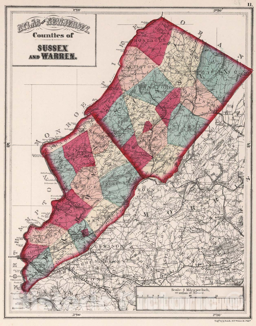 Historic Map : Atlas of New Jersey, Counties of Sussex and Warren., 1873, Vintage Wall Art