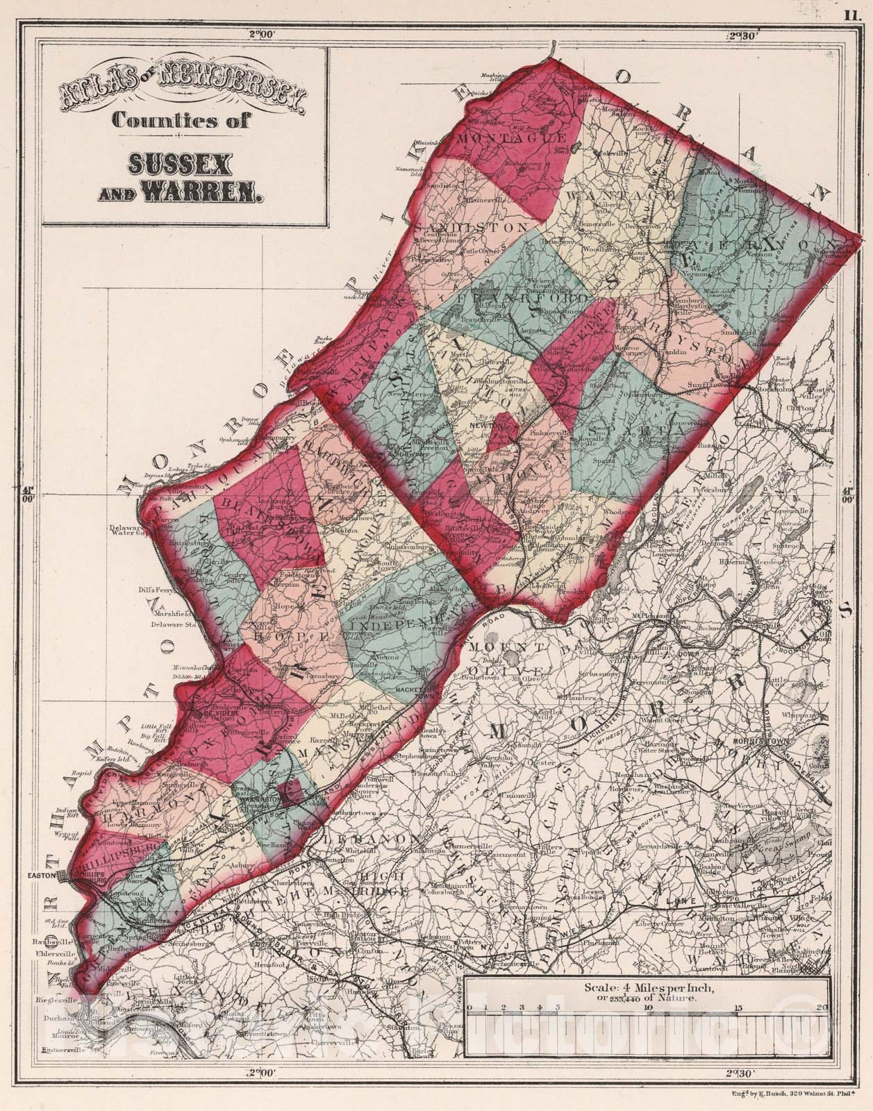 Historic Map : Atlas of New Jersey, Counties of Sussex and Warren., 1873, Vintage Wall Art