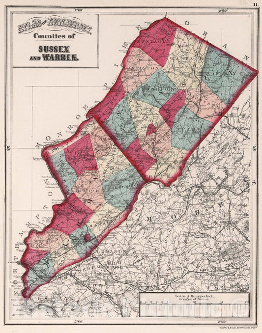 Historic Map : Atlas of New Jersey, Counties of Sussex and Warren., 1873, Vintage Wall Art
