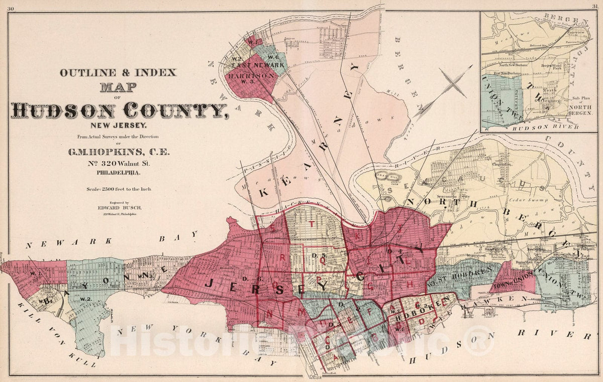 Historic Map : Outline and Index Map Hudson County, New Jersey., 1873, Vintage Wall Art