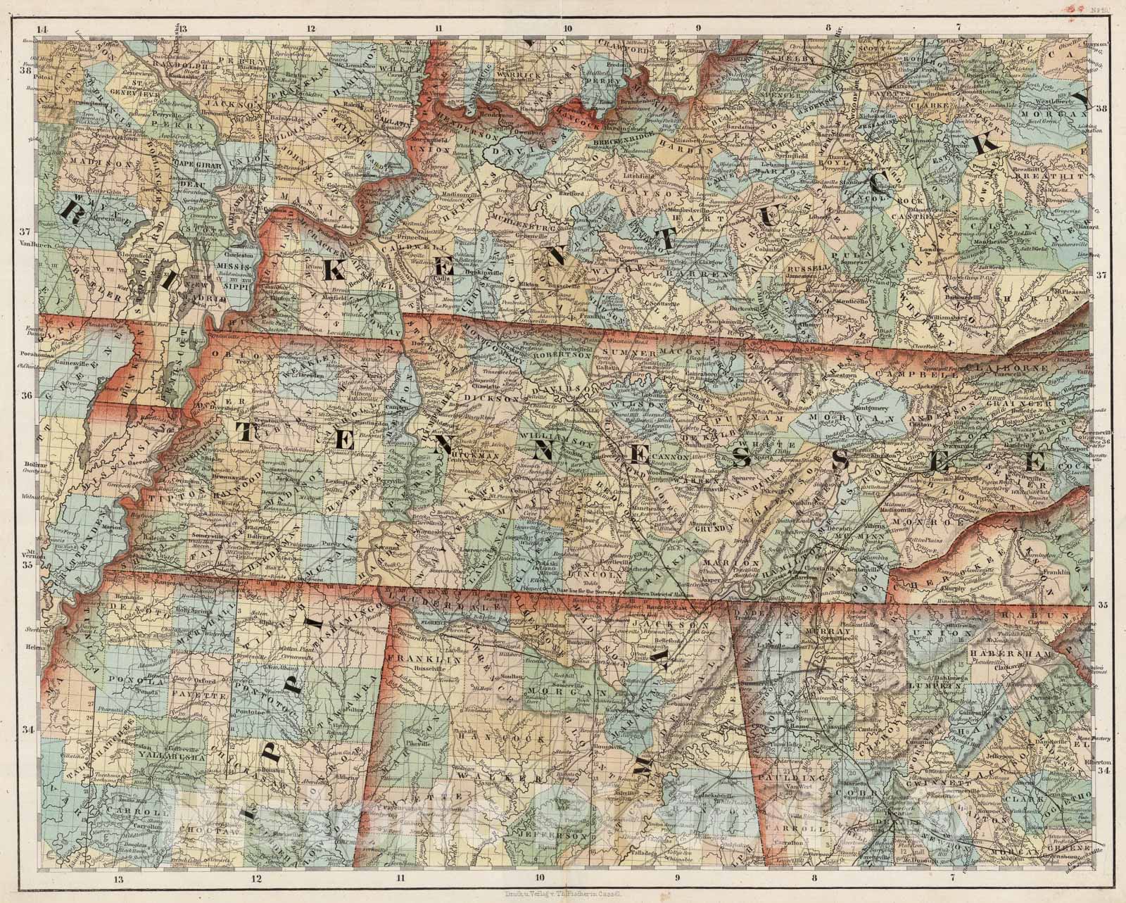 Historic Map : Kentucky, Tennessee, Mississippi, Alabama., 1852, Vintage Wall Art