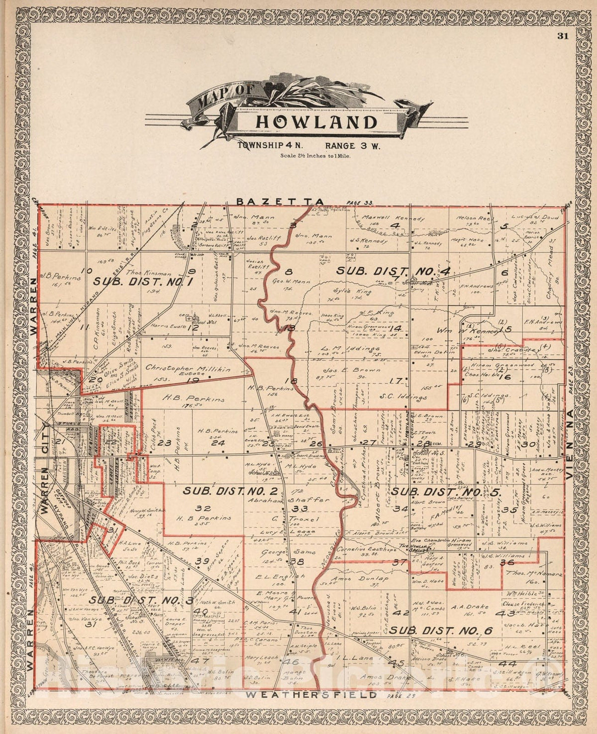 Historic Map : Howland, Trumbull County, Ohio., 1899, Vintage Wall Art