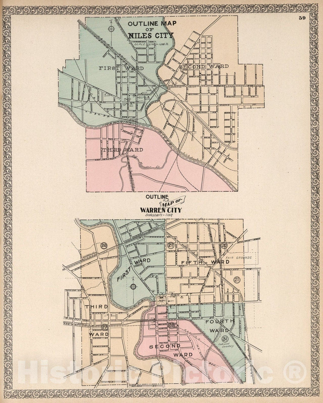 Historic Map : Outline Map of Niles City. Outline Map of Warren City, Ohio., 1899, Vintage Wall Art