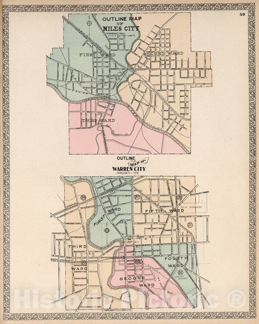 Historic Map : Outline Map of Niles City. Outline Map of Warren City, Ohio., 1899, Vintage Wall Art