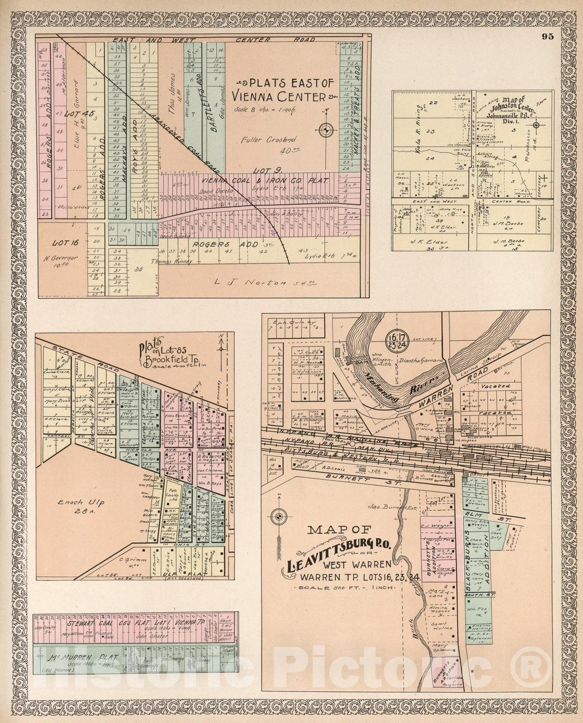 Historic Map : Plats East of Vienna Center. Map of Leavittsburg P.O. Map of Johnston Center, Johnstonville P.O., Ohio., 1899, Vintage Wall Art