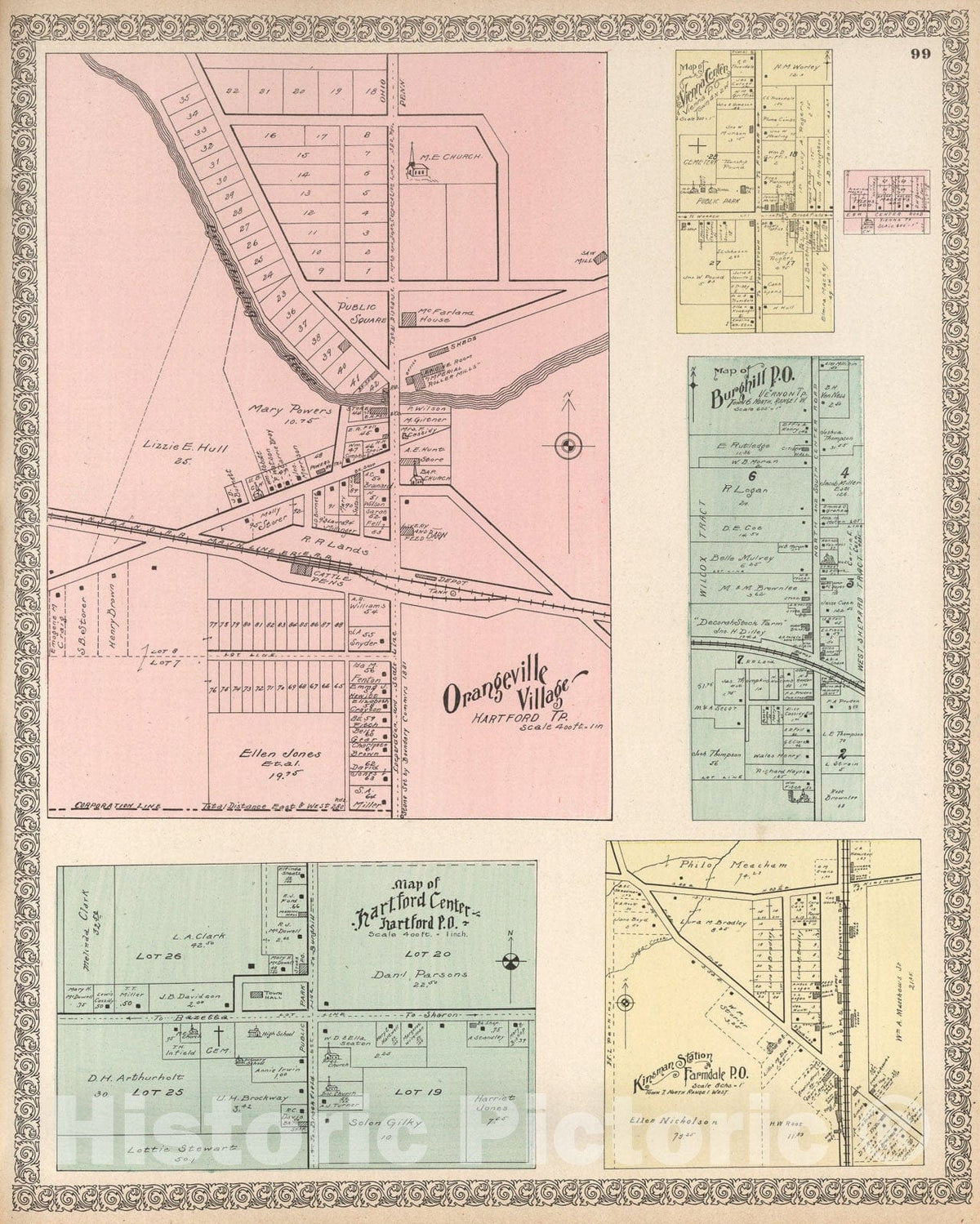 Historic Map : Orangeville Village. Hartford Centre. Vienna Center. Burghill. Kinsman Station, Farmdale, Ohio., 1899, Vintage Wall Art