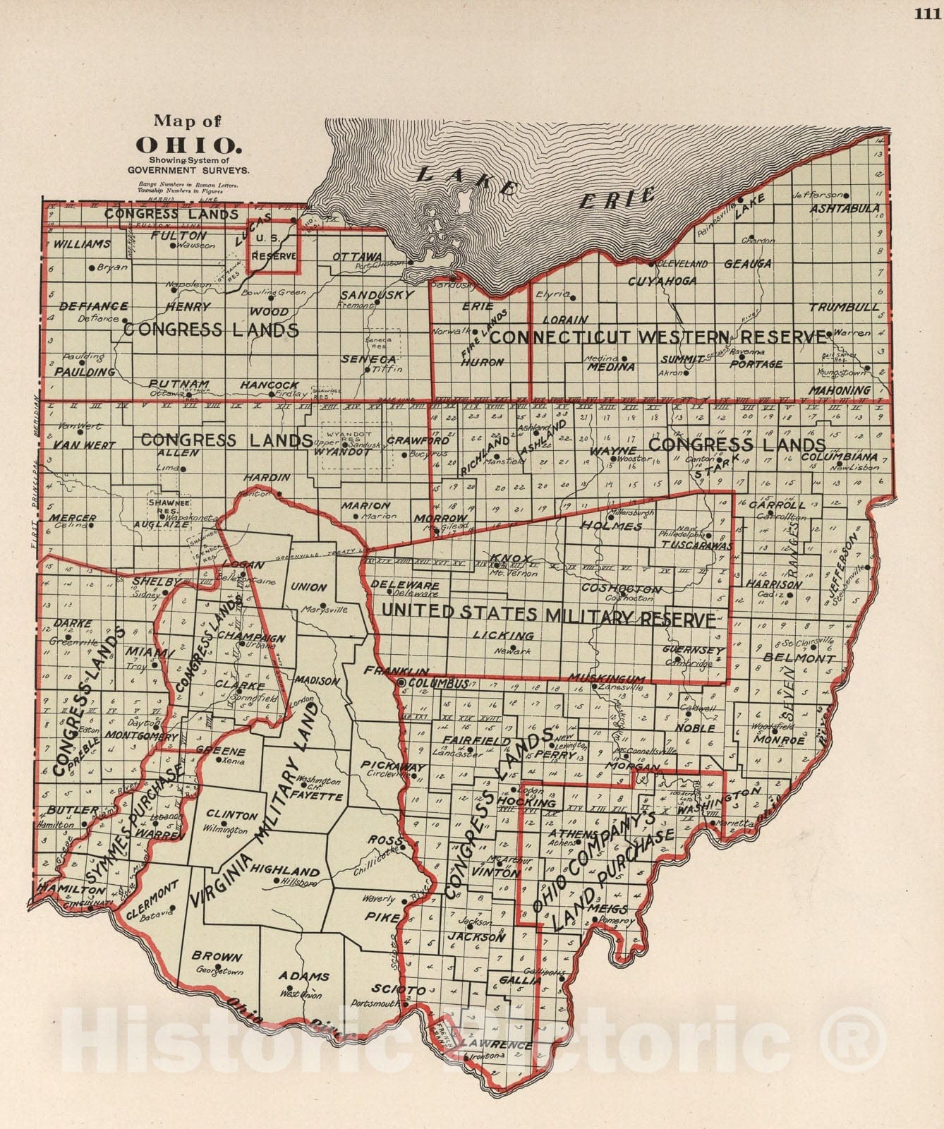 Historic Map : Map of Ohio. Showing System of Government Surveys., 1899, Vintage Wall Art