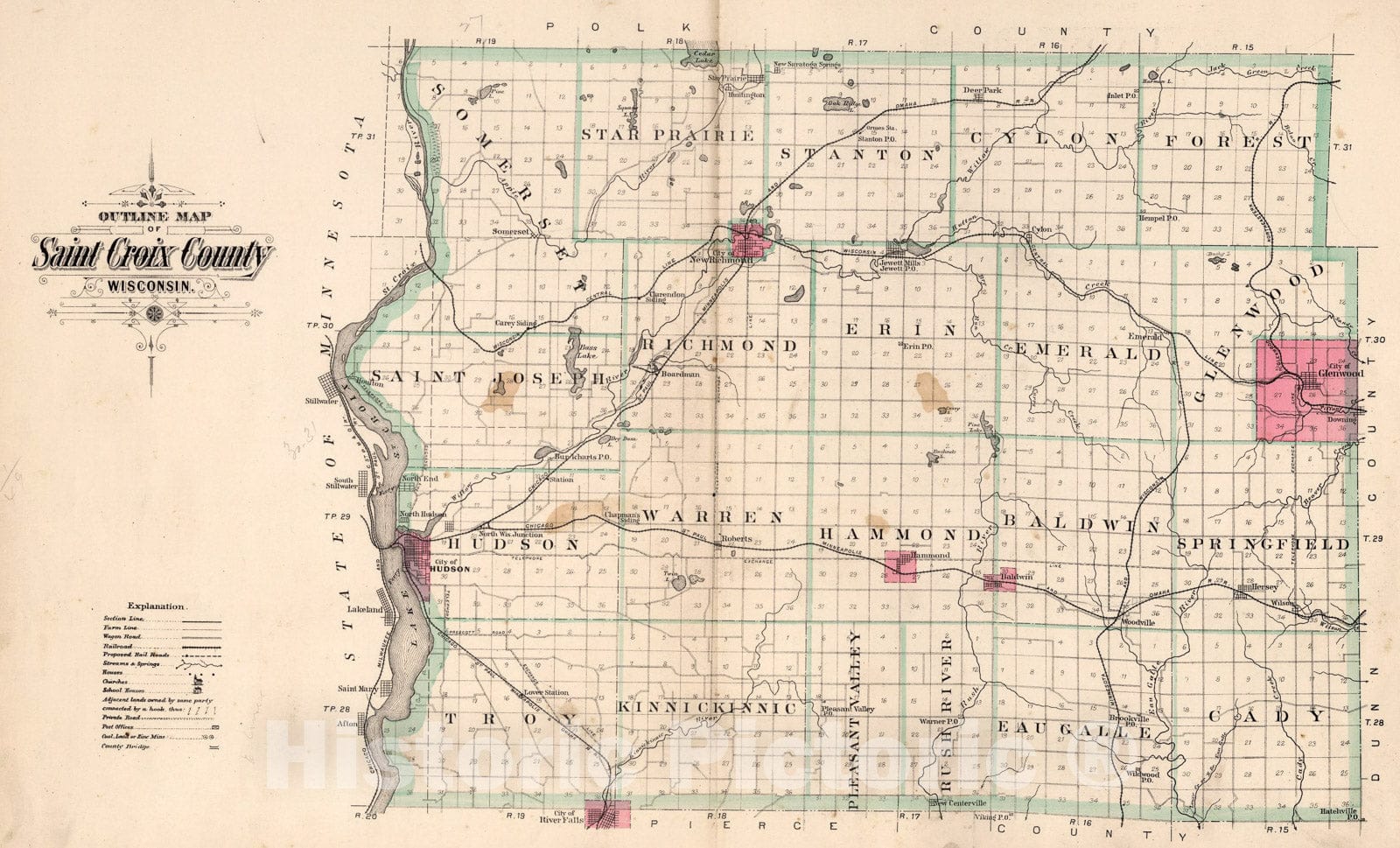 Historic Map : Saint Croix County, Wisconsin, 1897, Vintage Wall Art