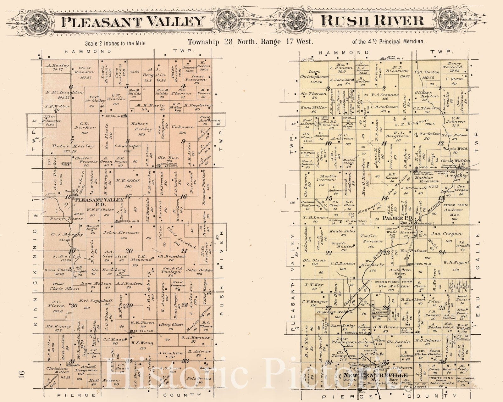 Historic Map : Pleasant Valley. Rush River, Saint Croix County, Wisconsin., 1897, Vintage Wall Art