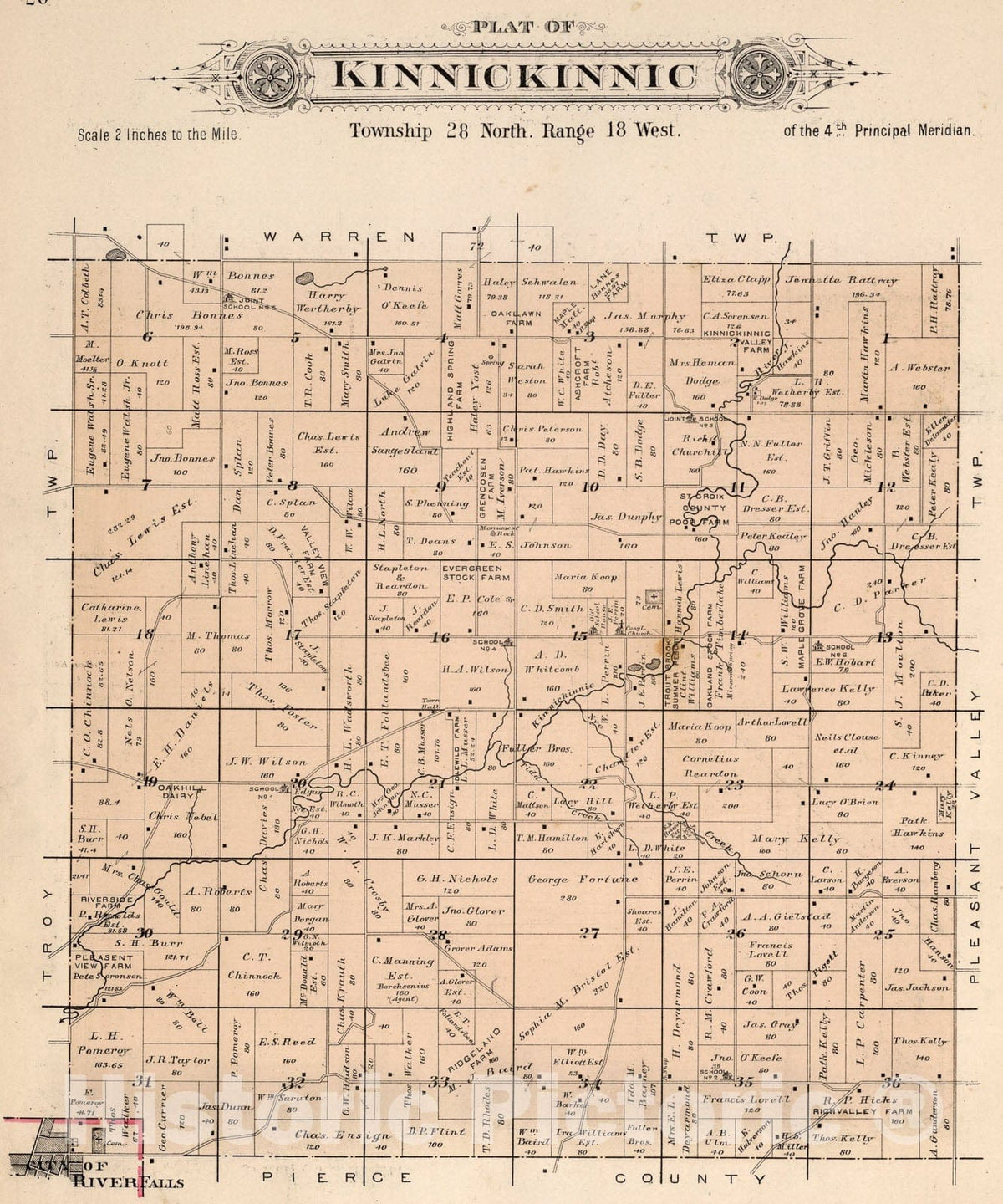 Historic Map : Kinnickinnic, Saint Croix County, Wisconsin., 1897, Vintage Wall Art